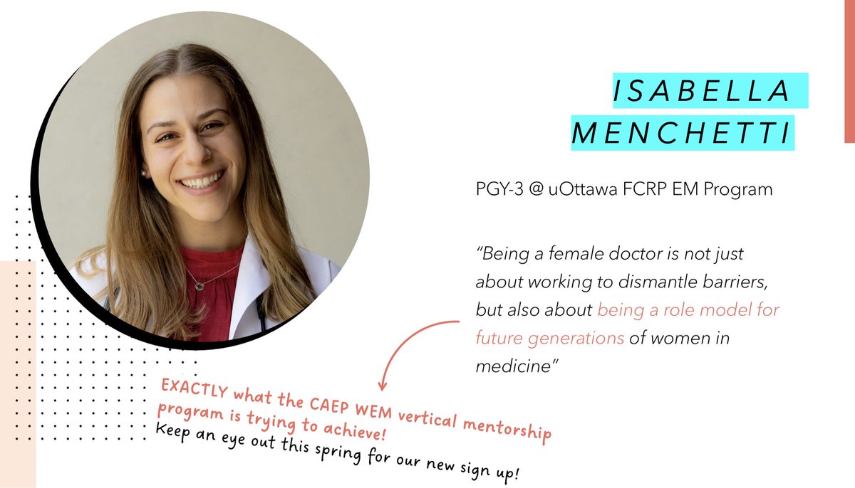 Meet @IMenchetti 👋 PGY3 @emergmedottawa & WEM Resident Representative since 2021. She's the driving force behind the CAEP WEM mentorship program! Did you know about it? @CAEP_Docs #WomeninEM