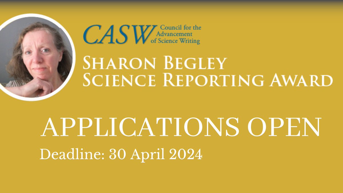 ICYMI: Science journalists around the world are invited to enter the Sharon Begley Science Reporting Award from @ScienceWriting. The winner will receive a grant of US$20,000 to undertake a significant reporting project. 🗓️ Deadline: 30 April. Details: bit.ly/3I8xcAu