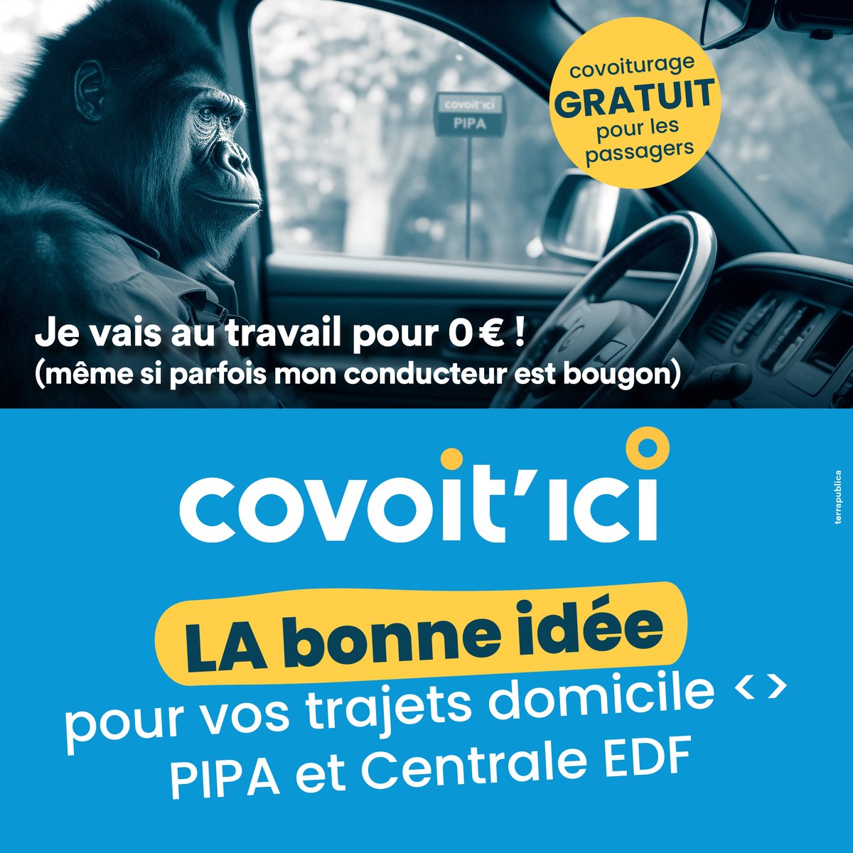 Je vais au travail sur le #PIPA pour 0 € ! Le système de covoiturage <a href="/covoitici/">Covoit'ici</a>  opéré par <a href="/ecov_fr/">ecov</a> est désormais gratuit pour les passagers ! Plus d'informations sur : plainedelain.fr/acces/covoitur…