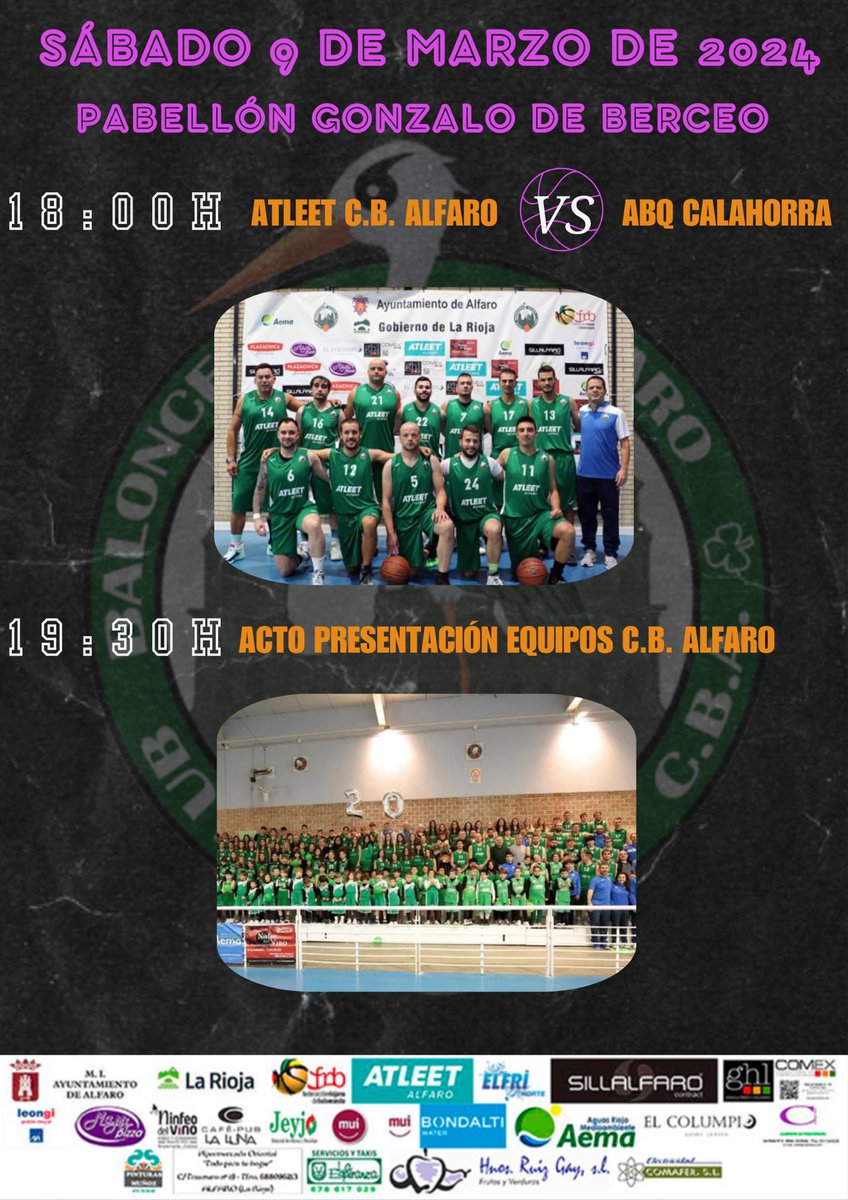 ¡Familia verde! Estamos en una semana muy especial: ¡este sábado viviremos un partidazo en casa y, después, la presentación de todos los equipos del Club Baloncesto Alfaro de esta temporada 2023-2024!