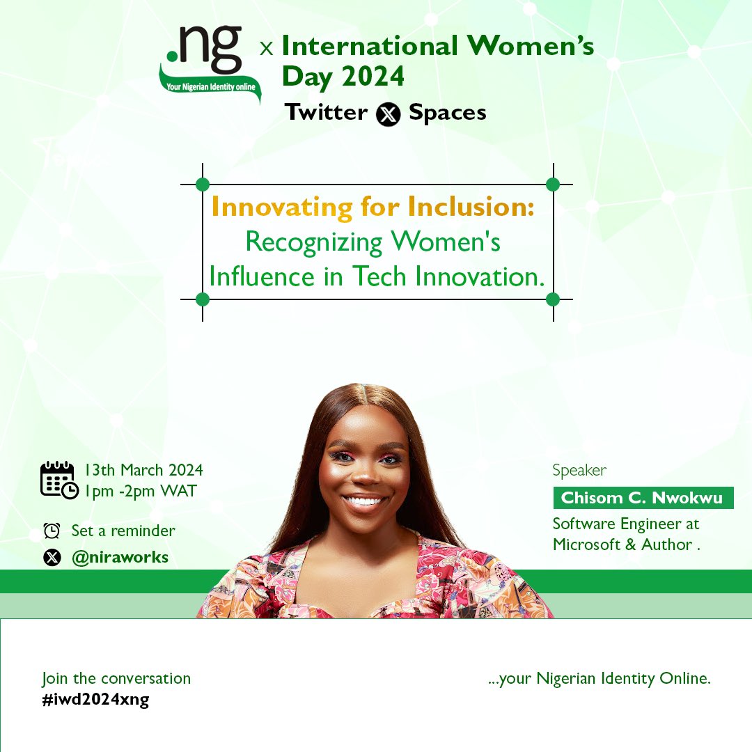 NiRA (@niraworks) on Twitter photo Join <a href="/tech_queen/">Chisom Nwokwu🌟</a> on our Twitter Spaces as she shares her journey to success, discusses the significance of celebrating women’s achievements, and explores actionable steps for gender parity.
Don't forget to set a reminder
x.com/i/spaces/1MYxN…
#ngxIWD2024 #ng4inclusion Join <a href="/tech_queen/">Chisom Nwokwu🌟</a> on our Twitter Spaces as she shares her journey to success, discusses the significance of celebrating women’s achievements, and explores actionable steps for gender parity.
Don't forget to set a reminder
x.com/i/spaces/1MYxN…
#ngxIWD2024 #ng4inclusion