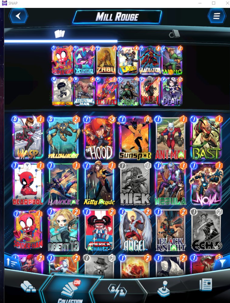 Nonosung's tweet photo. Get infinite day 1 will Mill /Burgle 
Fun bad deck to play 
- if the deck work they have no card left so they concede you get 1-2 cube 
- if the deck doesnt work you lose so...
dont try this to climb but if you want to have fun LETS GO 
#marvelsnap #Snapdeck #Infinitedeck https://t.co/G4RIXNVCte