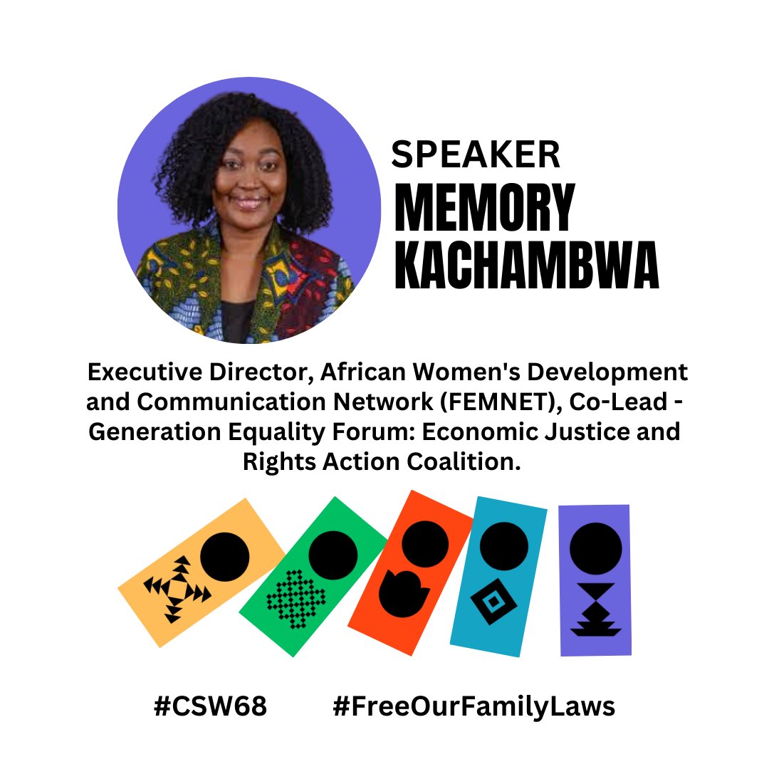 GCEFL @ #CSW68 - Meet our panelists! 
@kachambwa  is the executive director of @FemnetProg. She has over 20 years of experience of promoting  #WomenRights globally and regionally. 

📝 RSVP/register here bit.ly/FamilyLawCSW68
#FreeOurFamilyLaws