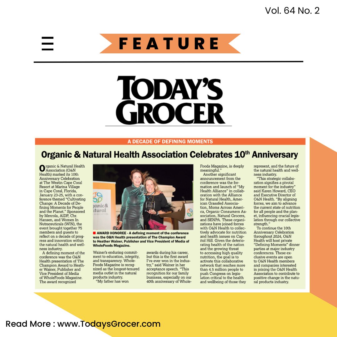 It was a defining moment for @OrgNatHealth celebrating a 10th anniversary and bestowing The Champion Award to @heatha104 @WholeFoodsMag 🎉 See the full recap in the latest issue of @todaysgrocer indd.adobe.com/view/9fa0f0ab-… #ONHealth2024 #ONHealth10YearsStrong