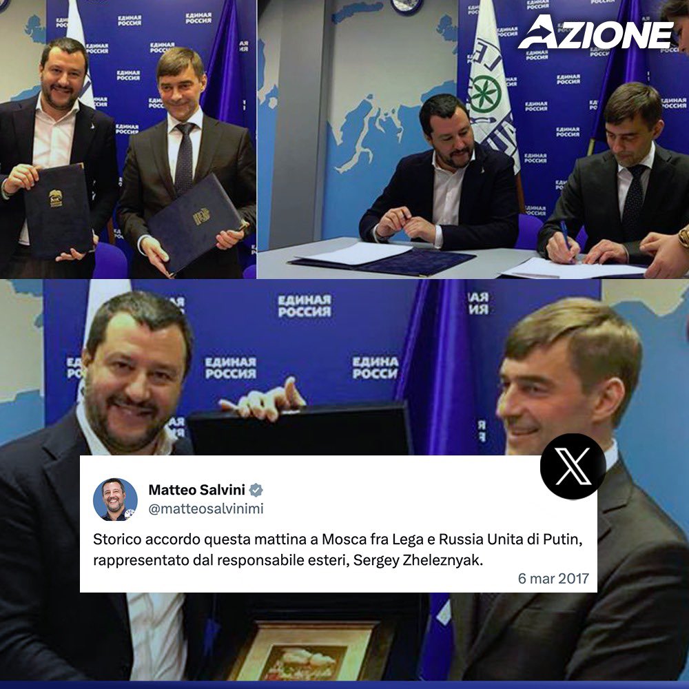 Esattamente 7 anni fa, oggi, @matteosalvinimi firmava un patto di cooperazione tra Lega e Russia Unita, il partito di Putin. A marzo 2022, nonostante l'invasione russa dell'Ucraina, ha scelto di rinnovarlo fino al 2027. È inaccettabile per il Paese presidente del G7 avere un…