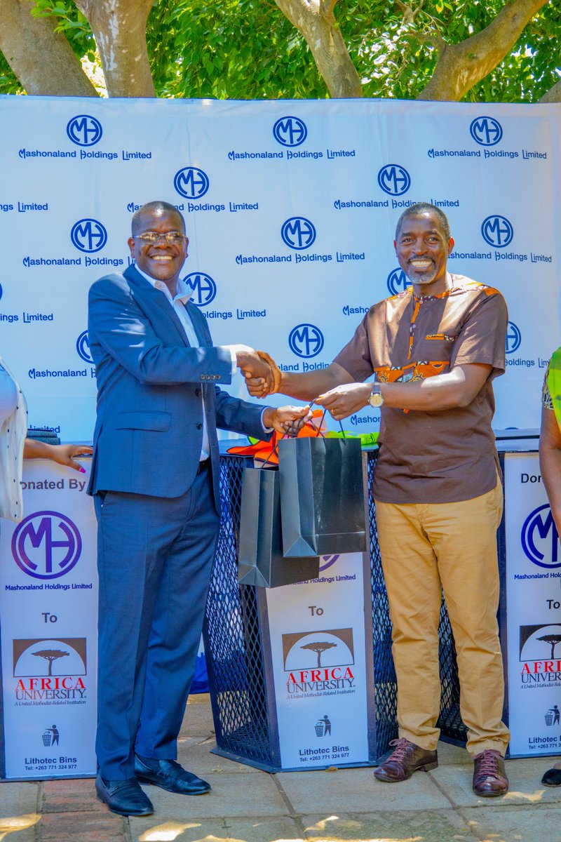 Africa_Univ's tweet photo. AU &amp; Mashonaland Holdings team up for a greener campus! Thanks to their generous donation of bins, we're taking strides towards sustainability. VC Rev. Prof. Mageto extended gratitude for investing in our eco-efforts. 🌿 #GreenAU #Sustainability #CommunityCleanup https://t.co/t65hGM1Cq7