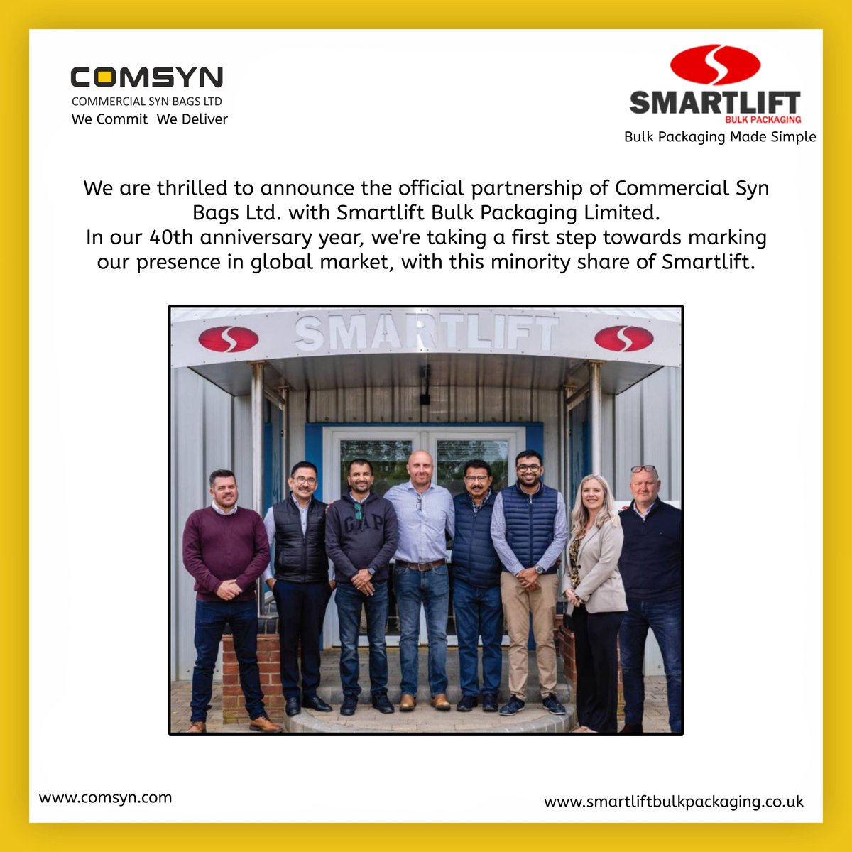 officialcomsyn's tweet image. We are thrilled to announce the official partnership of Commercial Syn Bags Ltd. with Smartlift Bulk Packaging Limited.
In our 40th anniversary year, we&apos;re taking a first step towards marking our presence in global market with this minority share of Smartlift. 
#Comsyn #Smartlift
