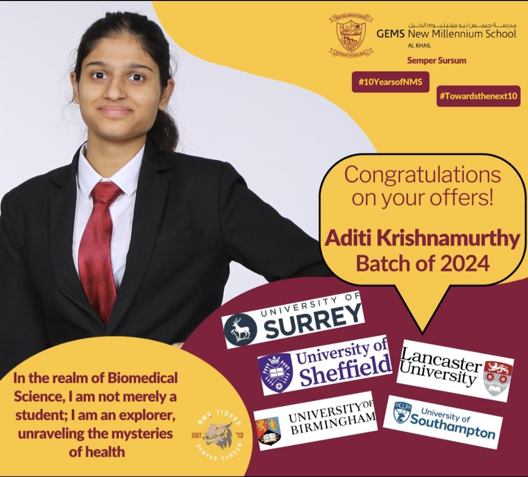 High Flyers!
Congratulations to Aditi Krishnamurthy, Batch of 2024, on your outstanding university offers.

 #10yearsofNMS #studentachievement #universityacceptance
#towardsthenext10 #batchof2024