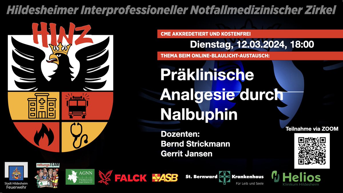 Nächste Woche ist wieder HINZ-Zeit. 

Bernd Strickmann und Gerrit Jansen reden mit uns über präklinische Analgesie mit Nalbuphin durch Rettungsfachpersonal.

Ein sehr wichtiges aktuelles Thema.

CME zertifiziert und kostenfrei

us06web.zoom.us/j/84996554663?…

@agnn_ev 

#FOAMed