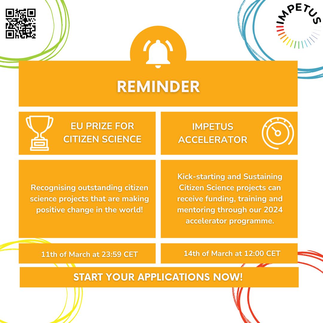 impetus4cs's tweet photo. A gentle reminder, the deadline to get your submissions in for the #IMPETUS4CS call is NEXT WEEK!  

Through our Accelerator programme and the #EUprize for #CitSci, we will provide support and #funding to #citizenscience projects! 

 Learn more here: https://t.co/fS6KzTI4eF https://t.co/TfeCAybDP8