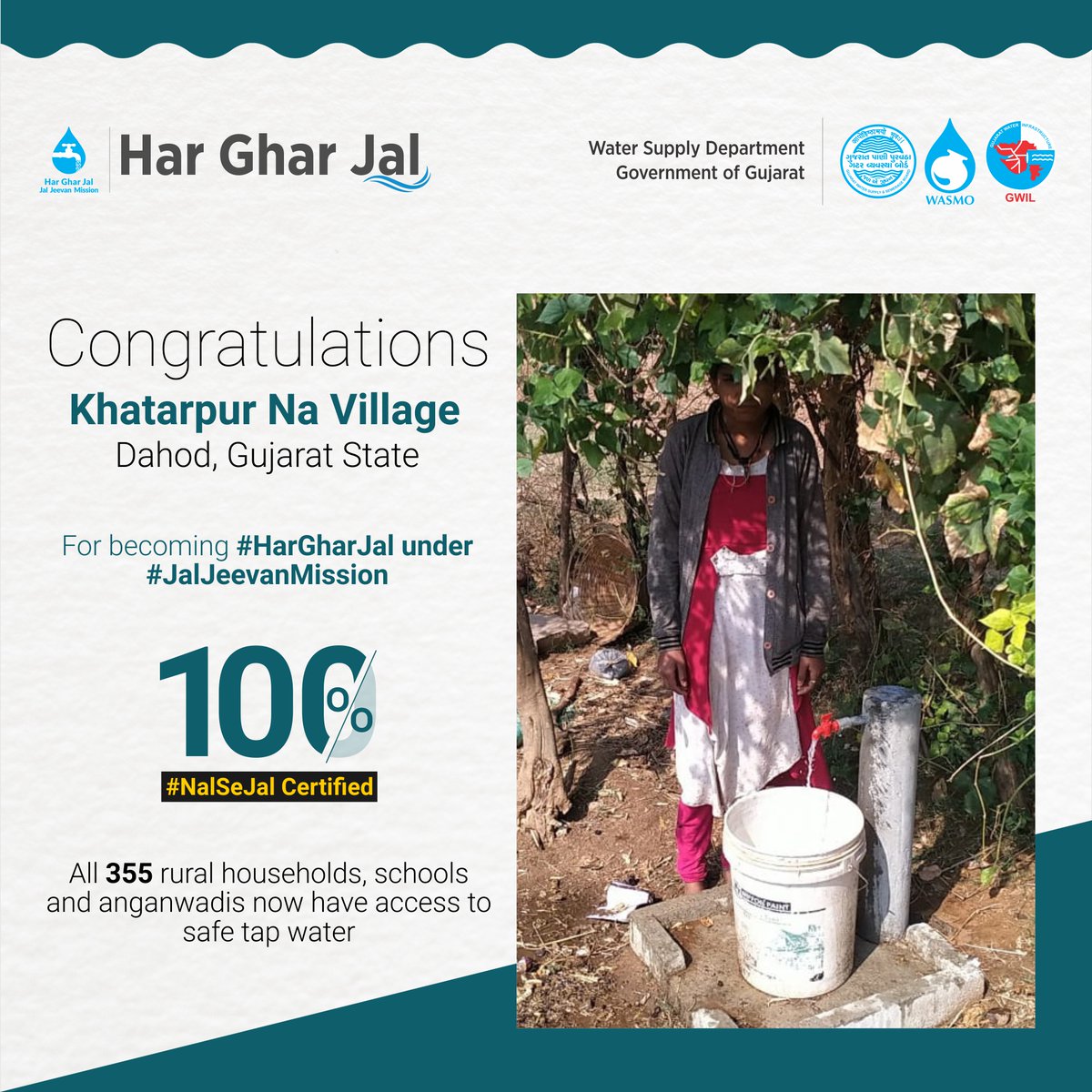 WSDGujarat's tweet photo. Congratulations to all the people of Khatarpur Na Village of #Dahod, #Gujarat State, for becoming 100% #HarGharNalSeJal certified. All 355 rural households, schools and anganwadis are now getting safe tap water under #JalJeevanMission https://t.co/KpuLpDlziq