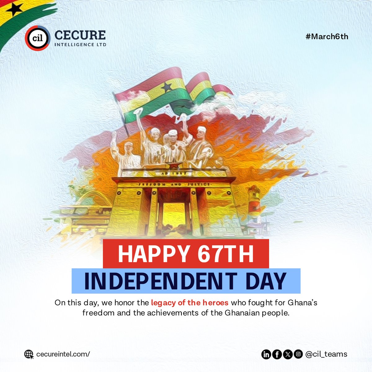 Happy 67th Independence Day, Ghana! 

Today, let us embrace the true meaning of independence and strive to make a positive impact in our communities and in the world.

#CIL #AWS #IndependenceDay #Ghana #CelebrateFreedom