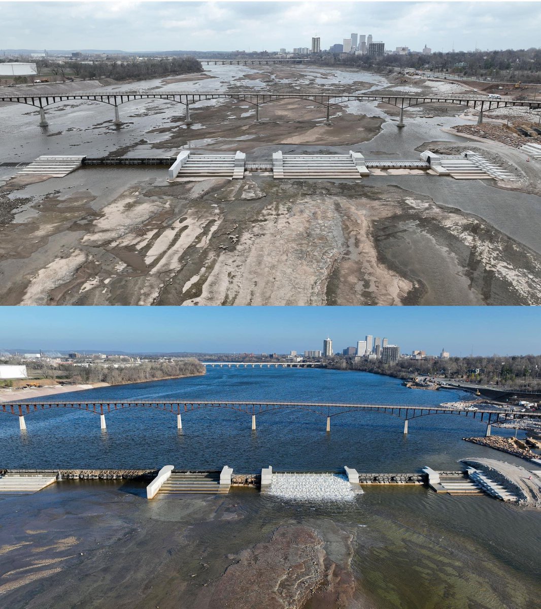 I love these before and after photos taken by <a href="/mikesimonsphoto/">Mike Simons</a> with the <a href="/tulsaworld/">Tulsa World</a> ! Top photo was taken on Monday before the gates on our new lake went up and the bottom photo was taken Tuesday morning. 

It’s beautiful! Tulsa, you’ve spent over a decade working to build this