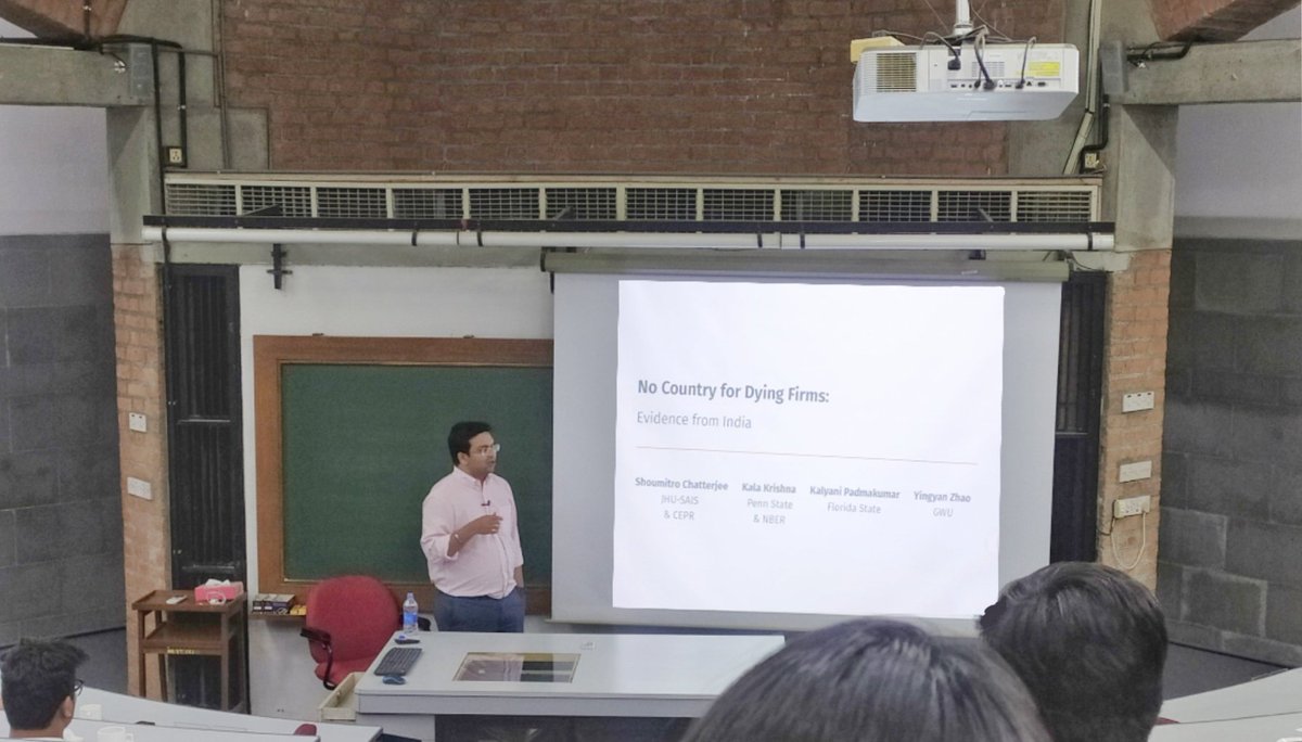 An insightful session by Shoumitro Chatterjee @shoumitro_c on 'No Country for Dying Firms: Evidence from India' Check out more of his work at: pages.jh.edu/schatt20/ @jeevantrampal @IIMAhmedabad #EconTwitter #research #seminar
