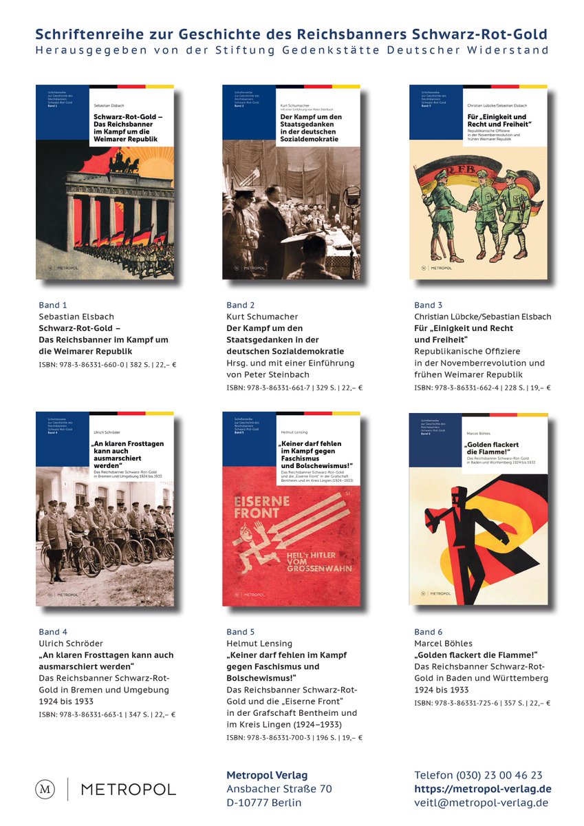 @GermanHistSoc @FESonline @unishefhistory @Reichsbanner Hier auch der Hinweis auf die neue Schriftenreihe der @GDW_Berlin zum Reichsbanner. Für Menschen, die mehr über die größte demokratische Organisation der Weimarer Republik wissen wollen, denen die Verteidigung der Demokratie am Herzen liegt und denen schöne Bücher gefallen..