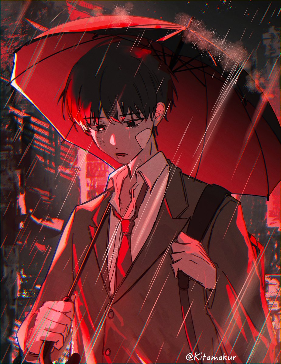 1boy umbrella male focus necktie rain solo holding  illustration images