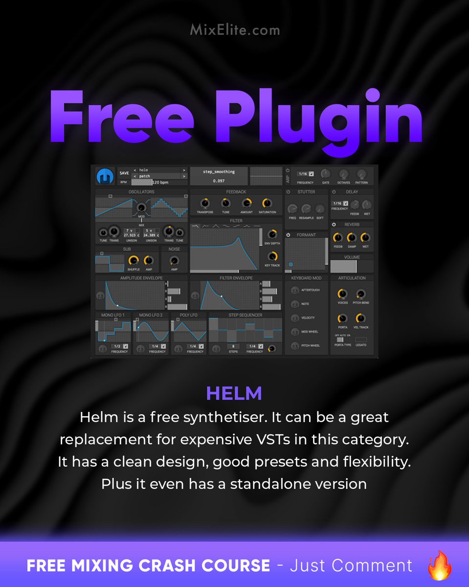 theMixElite's tweet photo. Free Mixing Crash Course 👉 https://t.co/yCsKR4Yisc
⁠
Mix Secrets Revealed 🎛️🔊⁠
⁠
Ever felt stuck with the same old sounds? Helm is your game changer.
⁠
#musicproduction #synthesizer #HelmVST #freemusictools #bedroomproducer #mixingandmastering #sounddesign #pluginmagic https://t.co/KIxPn1Q323