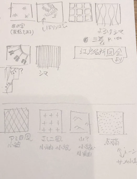 伝統文様辞典はあるけどこういう普段使いの模様で出所の確実なやつメモっておくに越したことはないなと思ってこういうこともやっていく。
こういうの溜めてアシスタントさんに共有する資料にするー! 