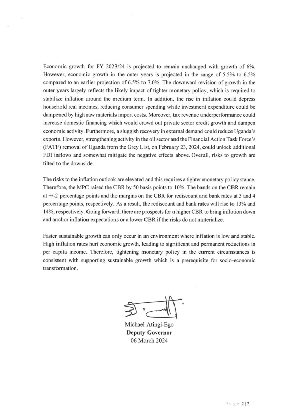 BOU_Official's tweet photo. BREAKING: On March 6, 2024, a special Monetary Policy Committee (MPC) meeting increased the Central Bank Rate (CBR) to 10%. 

Read More https://t.co/j3EmpF9VGt https://t.co/GpCCphwula