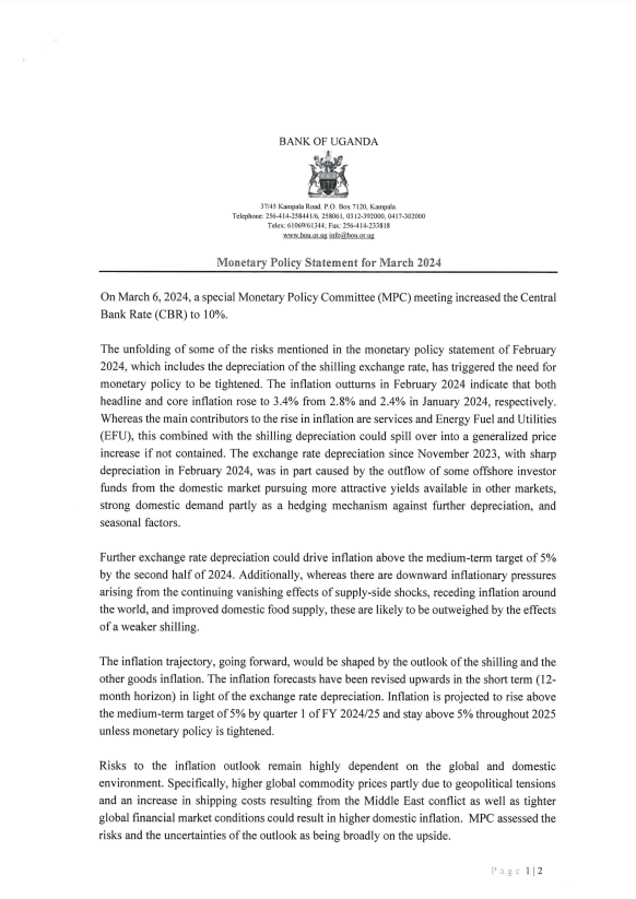 BOU_Official's tweet photo. BREAKING: On March 6, 2024, a special Monetary Policy Committee (MPC) meeting increased the Central Bank Rate (CBR) to 10%. 

Read More https://t.co/j3EmpF9VGt https://t.co/GpCCphwula