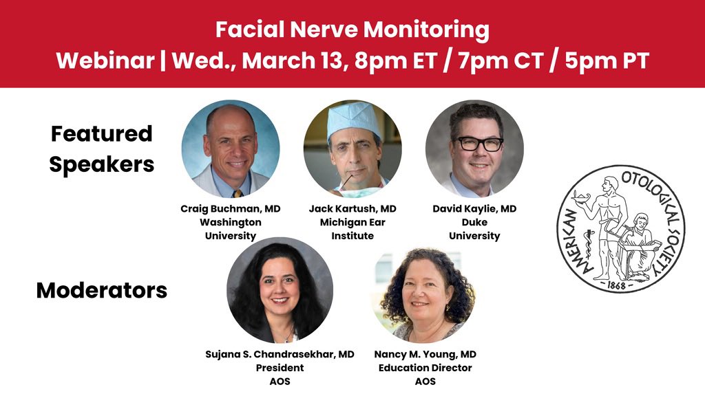 1 week to American Otological Society #webinar on #FacialNerveMonitoring! Wed March 13, 2024 8-9 pm ET. 👀live; send in Qs! Looking fwd to this convo w <a href="/HearingKids/">NancyYoungMD</a> <a href="/CraigBuchman/">Craig Buchman</a> Jack Kartush, David Kaylie. <a href="/OandNonline/">Otology&Neurotology</a> <a href="/ONOjournal/">Otology & Neurotology Open</a> <a href="/ANSneurotology/">American Neurotology Society</a> <a href="/AAOHNS/">AmAcadOtolaryngology</a> mailtrack.io/l/8747b4d9d340…