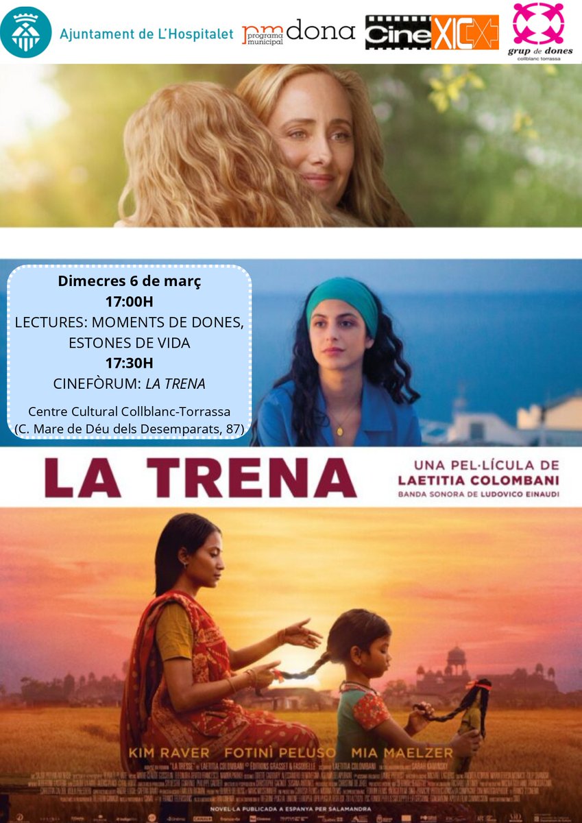LHAjuntament's tweet photo. 🟪Dia Internacional de la Dona a #LHospitalet 
 
📚Lectures 𝗠𝗼𝗺𝗲𝗻𝘁𝘀 𝗱𝗲 𝗱𝗼𝗻𝗲𝘀, 𝗲𝘀𝘁𝗼𝗻𝗲𝘀 𝗱𝗲 𝘃𝗶𝗱𝗮
📽️Cinefòrum al voltant de 𝗟𝗮 𝘁𝗿𝗲𝗻𝗮

🕔Avui, a partir de les 17h
📍CC Collblanc-la Torrassa

🟪Programa🔗https://t.co/hh2ovwrHbE

#8M2024 #LHfeminisme https://t.co/7FuWe1ZIkj