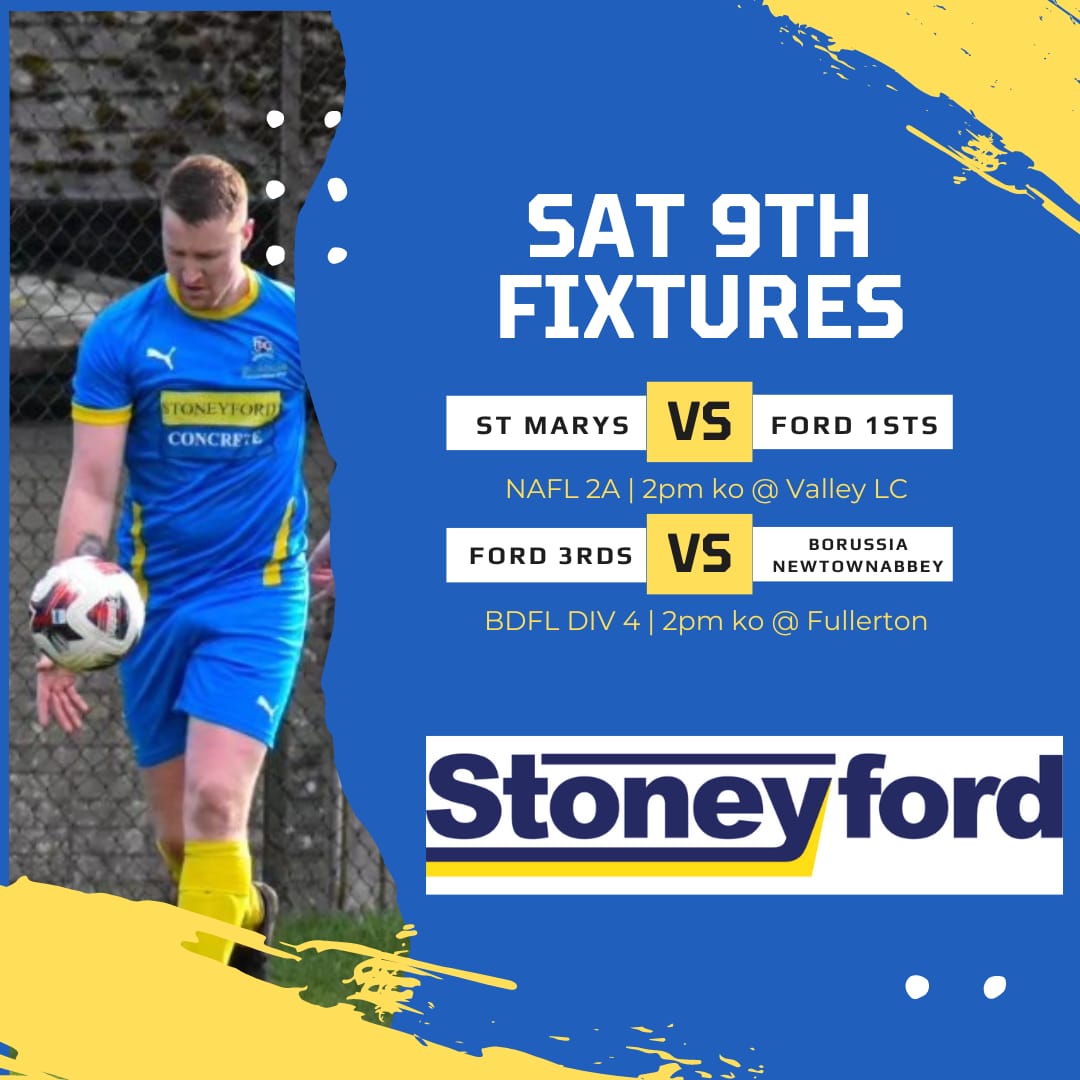 ⚽️FIXTURES⚽️ 1sts 🆚 St Mary's FC 🏆 NAFL 2A 📍 Valley Leisure Centre 🗓️ Sat 9th 🕑 2pm KO 3rds 🆚 Borussia Newtownabbey 🏆 BDFL DIV 4 📍 Fullerton Park 🗓️ Sat 9th 🕑 2pm KO 💙💛 @stoneyconcrete