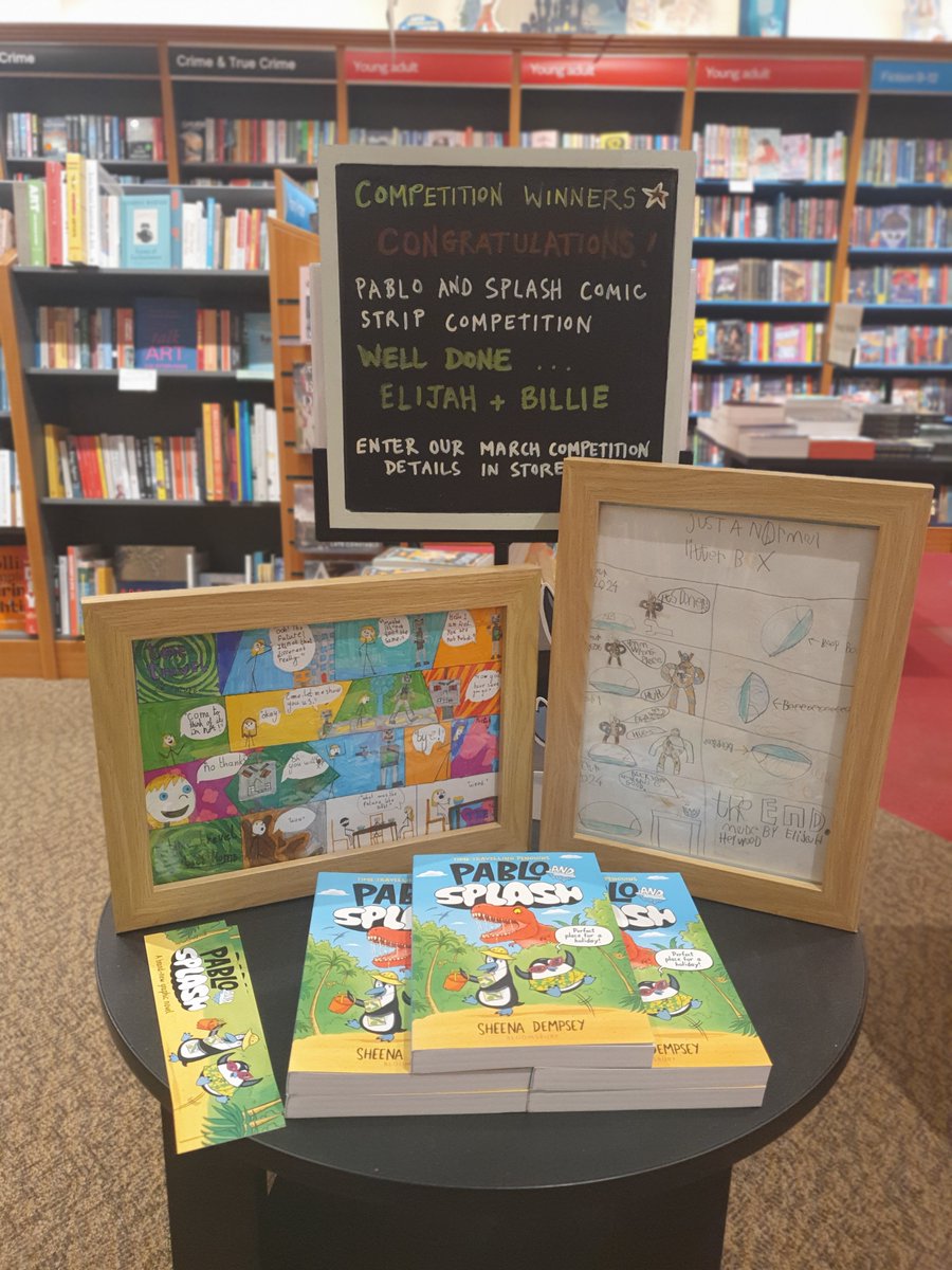 🏆Congratulations to our Pablo and Slash comic strip competition WINNERS! Well done Elijah & Billie See their fantastic drawings displayed in our shop window. 🐧 🐧 @SheenaDempsey
