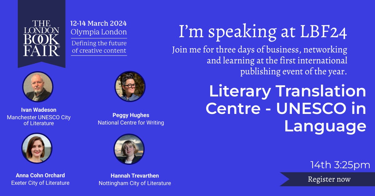 We're looking forward to @LondonBookFair next week where our @Ivan_Wadeson will be speaking on Literary Translation alongside fellow @UNESCOUK #CitiesofLit @ExeterCityofLit, @NottmCityOfLit and @WritersCentre.   

Join us 14th March at 3.25pm #LBF24

londonbookfair.co.uk/en-gb/whats-on…