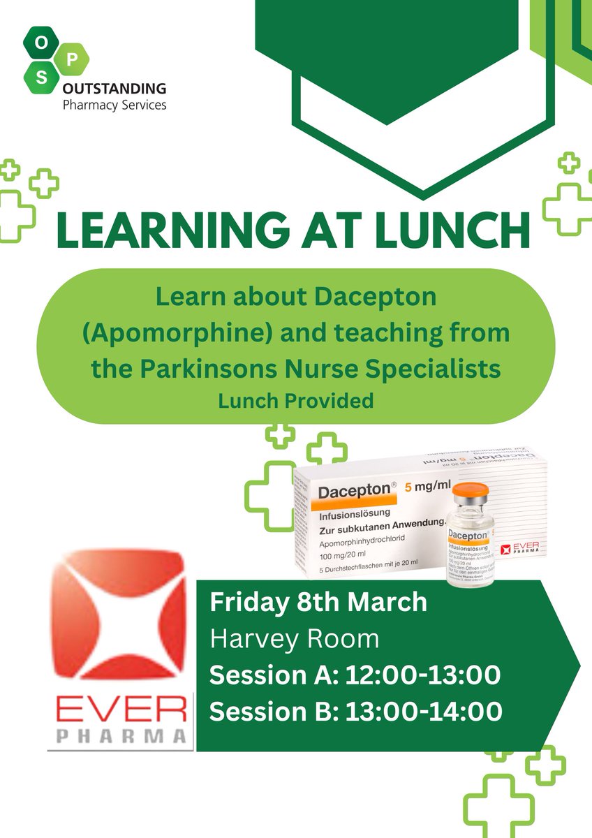 📚🍴 Excited to invite you to our Learning at Lunch session this Friday! Join us for an insightful discussion on Dacepton (Apomorphine) with #EVERPharma and our amazing BTHFT Parkinson's Specialist Nurses. Don't miss out! 📧Reserve your place email OPS@bthft.nhs.uk📍Where: Harvey