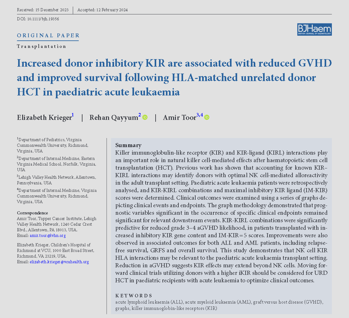 Interesting insights into the role of natural killer cells receptors in bone marrow transplant patients - it was a joyful work with Drs. Krieger and Toor.