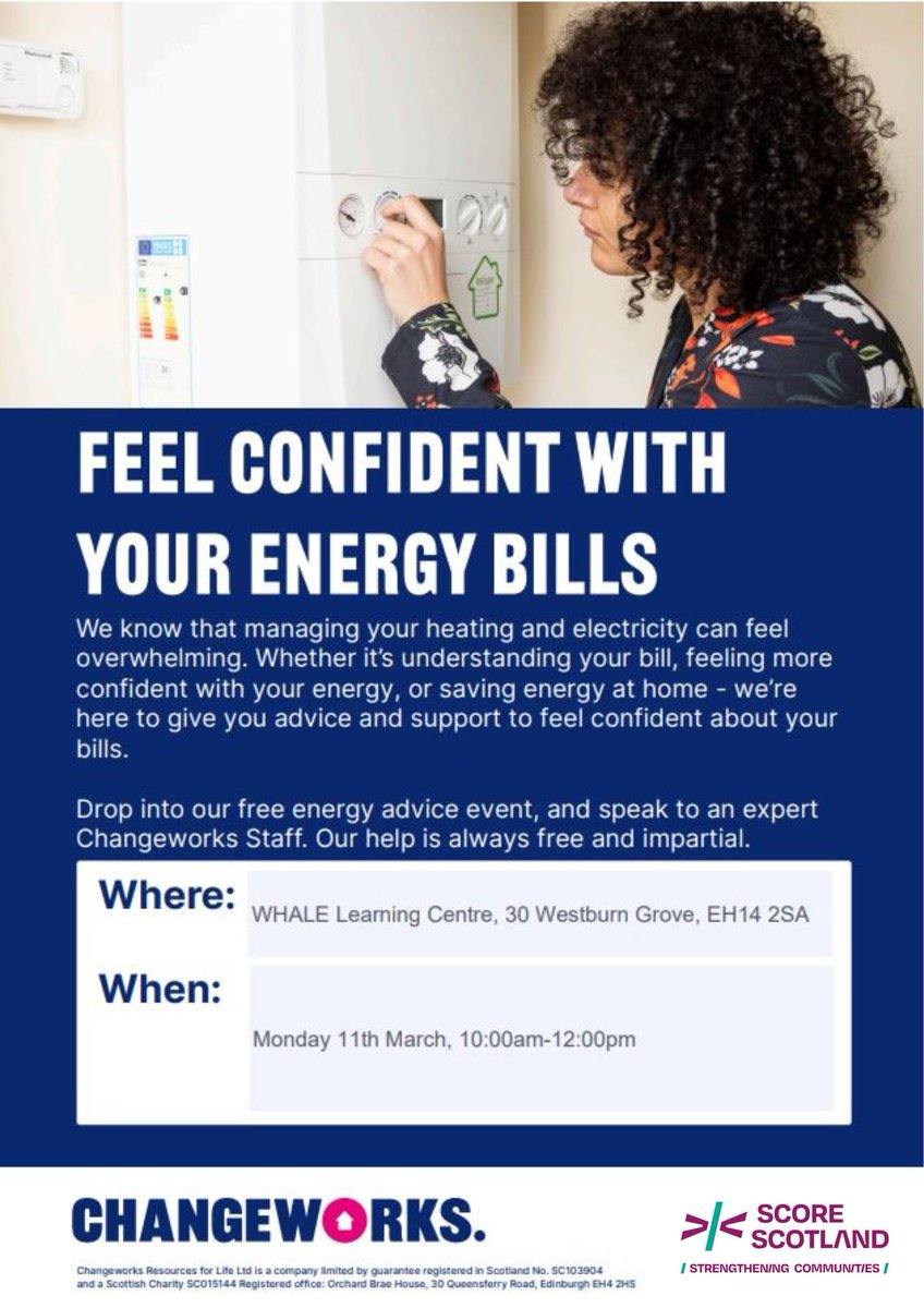 Unsure how to read your energy bills? Worried about managing the cost? Get Confident with @ChangeworksUK! Come along on Monday 11th March, 10am-12pm @whale Arts in Westburn, OR on Thursday 14th March, 10-11pm @ St. Nicholas Church in Sighthill #Free #DropIn #AllWelcome #Energy