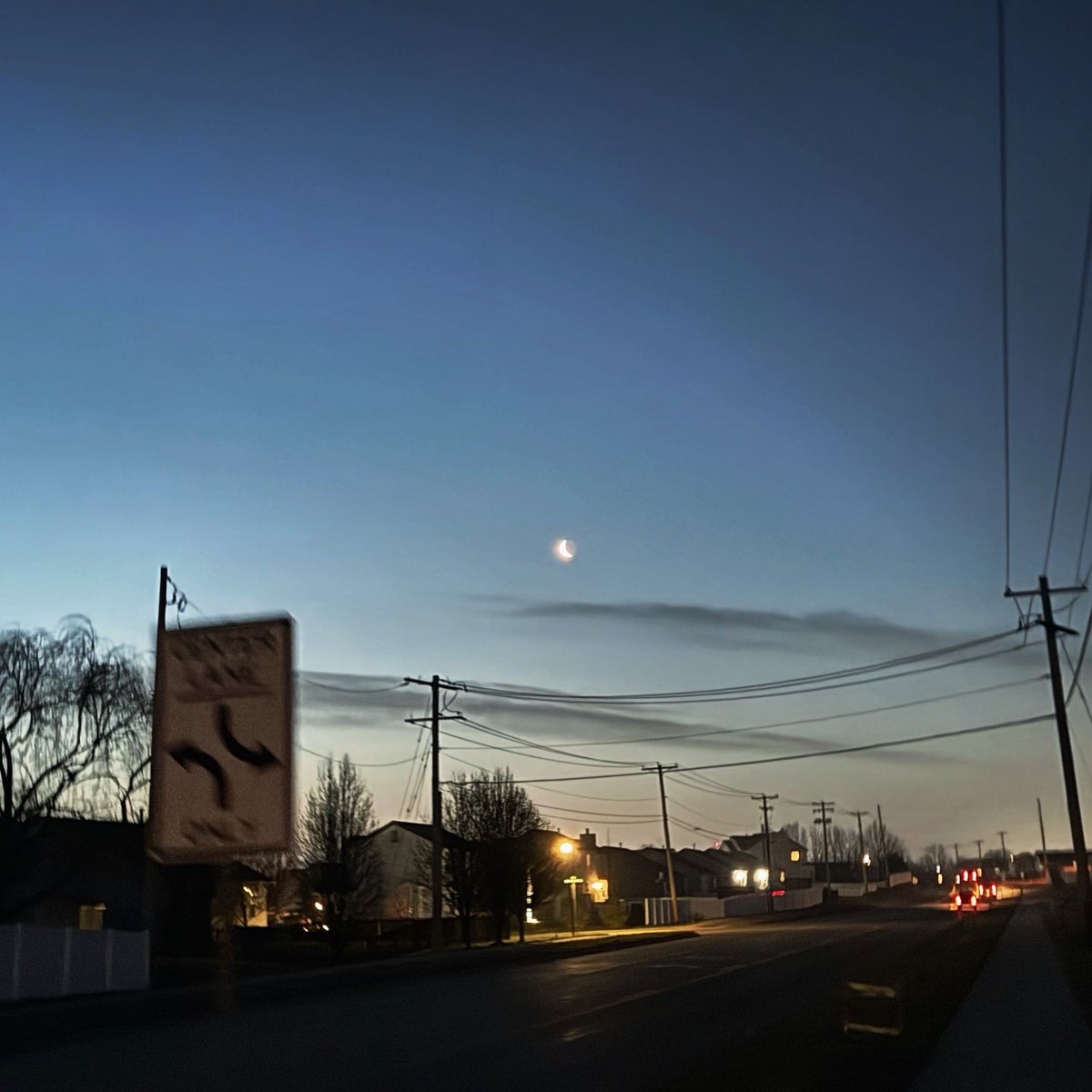 #Wednesday #morning #walk #morningwalk #walking #moonset #crescentmoon #moon 🌙 #sun #sunrise #clouds #sidewalk #road #street #tree #wentzville #wentzvillemo #missouri #shotoniphone #iphone15pro #iphone