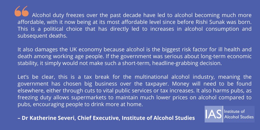The government has extended its freeze on alcohol duties.

This will make alcohol more affordability and will cost lives. #cheapalcoholkills

"If the government was serious about long-term economic stability, it simply would not make such a short-term, headline-grabbing decision"