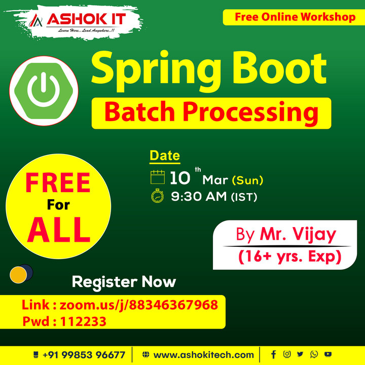 ashokitschool's tweet image. 🛑 [Free Workshop] Spring Boot Batch Processing 🛑
✍️ Enroll Now : bit.ly/3NNQPRS
👉 Attend Online Workshop On 10th-Mar @ 09:30 AM IST
👉 Follow Our WhatsApp Channel : bit.ly/4565QED

#SpringBootcourse #SpringBootMicroservicesOnlineTraining