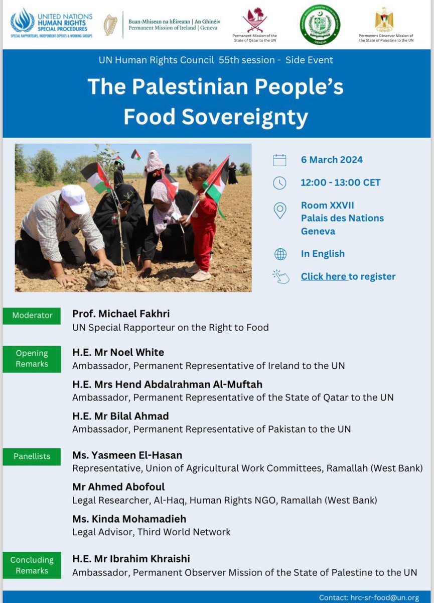 .@IEAmbUNGeneva speaking earlier today: “We are witnessing the highest number of people facing acute food insecurity in any country in the world There is only one solution to this crisis; a ceasefire is urgently needed to regain food sovereignty in #Gaza 🇵🇸” @MichaelFakhri