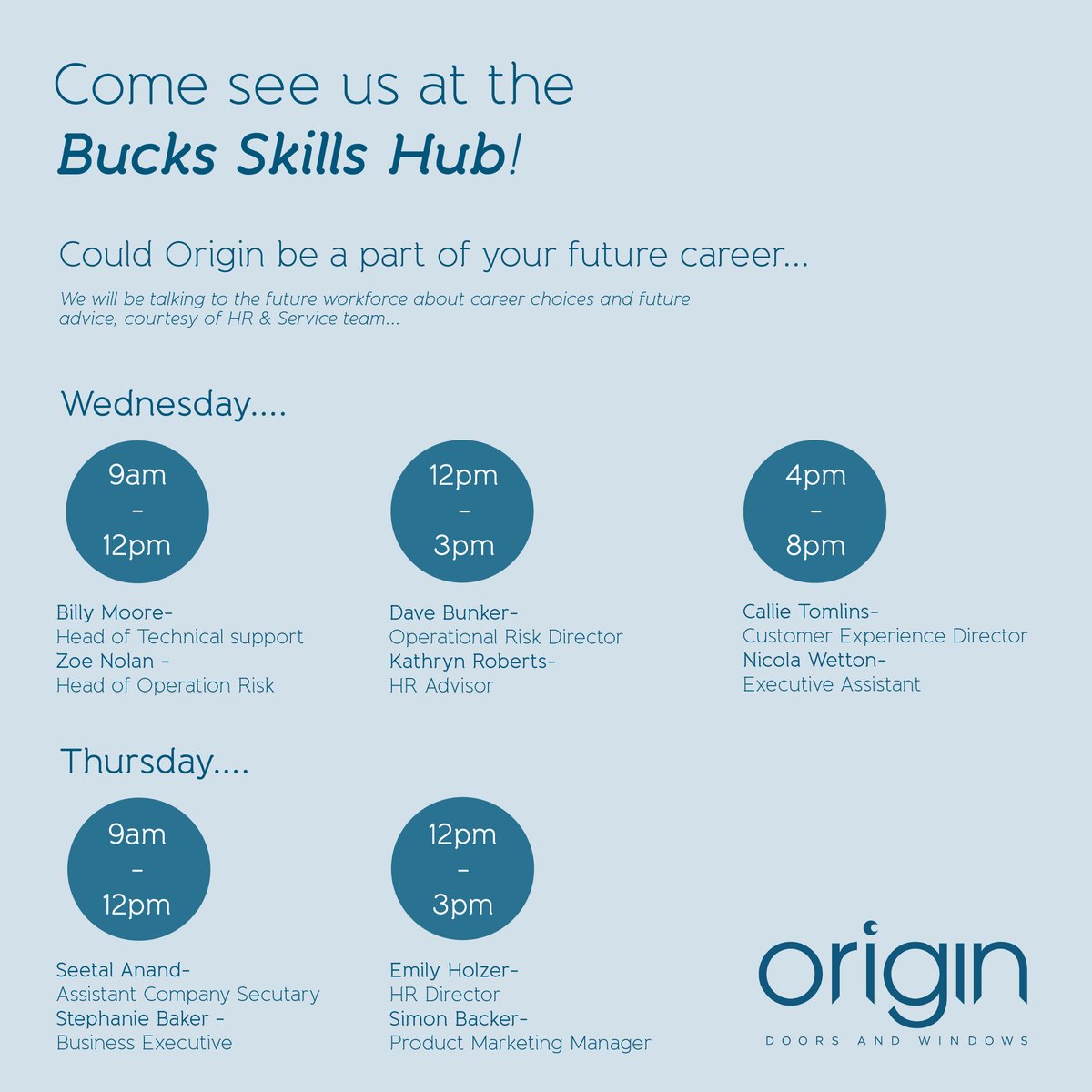 📍 We are at @BucksSkillsHub today and tomorrow, talking to the future workforce about career choices. 🗣 We have different representatives throughout the course of today and tomorrow. 📅 Here is our schedule for the event! #EmpoweringTheFuture
