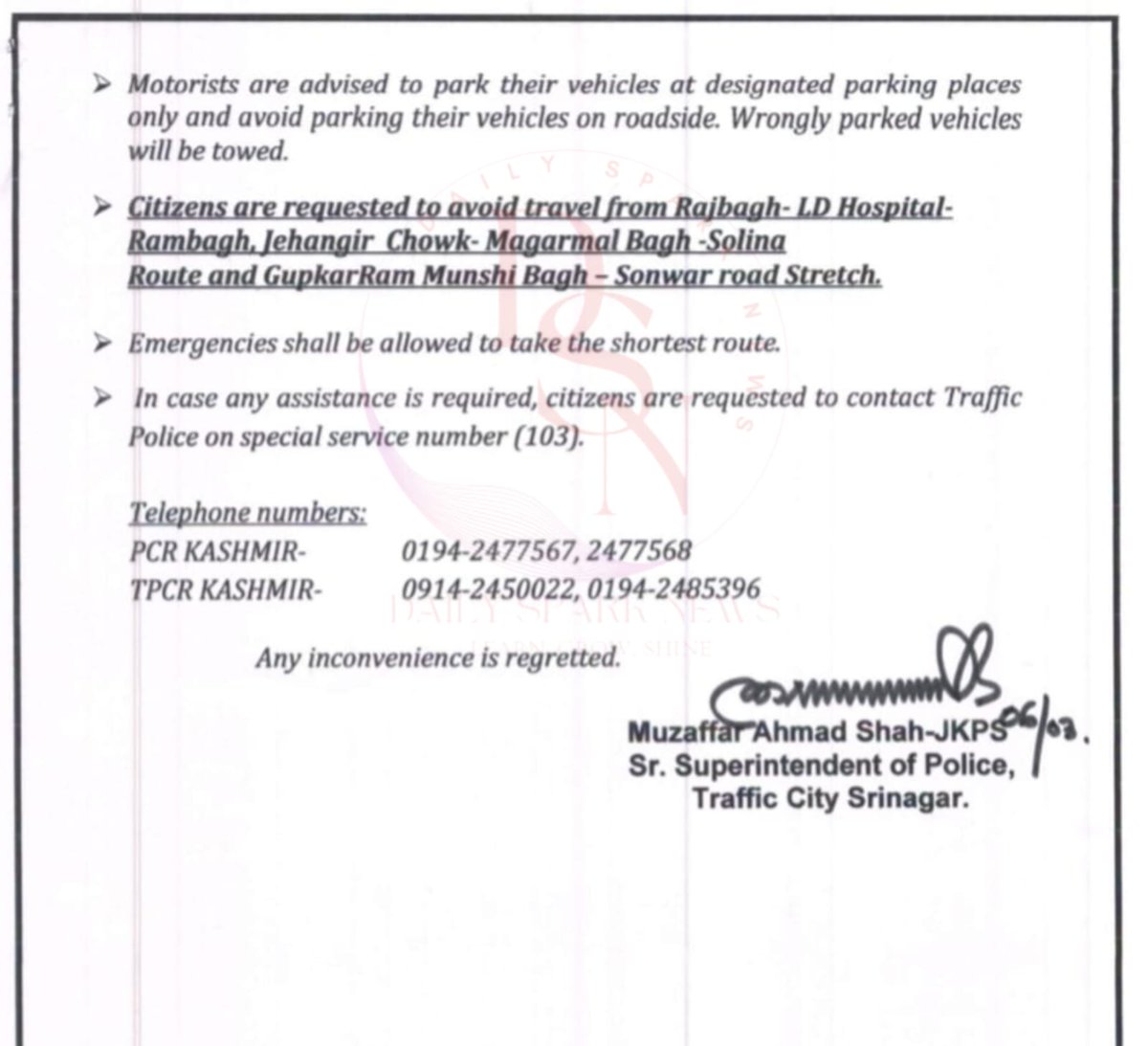 Traffic Advisory In View Of VVIP Visit On 07/03/2024.