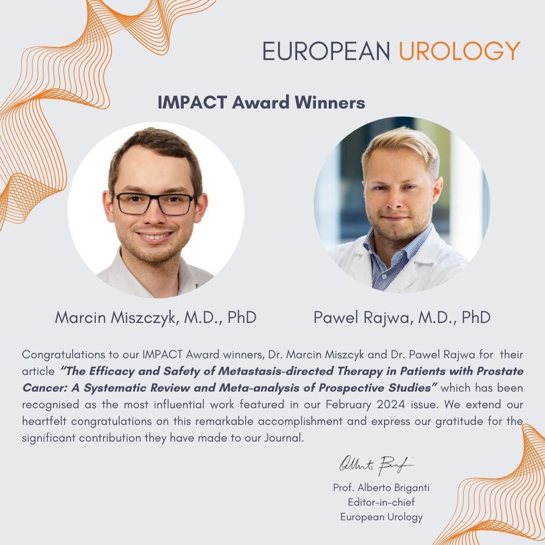European Urology (@euplatinum) on Twitter photo Congrats to our Feb IMPACT Award winners <a href="/miszczyk_marcin/">Marcin Miszczyk</a> & <a href="/dr_rajwa/">Pawel Rajwa</a>! Their manuscript "Efficacy of metastasis-directed therapy in PCa" was the most influential work featured in our Feb 2024 issue!
Full Article:
buff.ly/4bzxGgU
Spotlight:
buff.ly/3ToeUCd Congrats to our Feb IMPACT Award winners <a href="/miszczyk_marcin/">Marcin Miszczyk</a> & <a href="/dr_rajwa/">Pawel Rajwa</a>! Their manuscript "Efficacy of metastasis-directed therapy in PCa" was the most influential work featured in our Feb 2024 issue!
Full Article:
buff.ly/4bzxGgU
Spotlight:
buff.ly/3ToeUCd