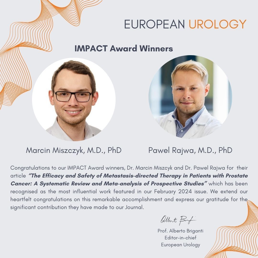 Congrats to our Feb IMPACT Award winners @miszczyk_marcin & @dr_rajwa! Their manuscript 'Efficacy of metastasis-directed therapy in PCa' was the most influential work featured in our Feb 2024 issue! Full Article: buff.ly/4bzxGgU Spotlight: buff.ly/3ToeUCd