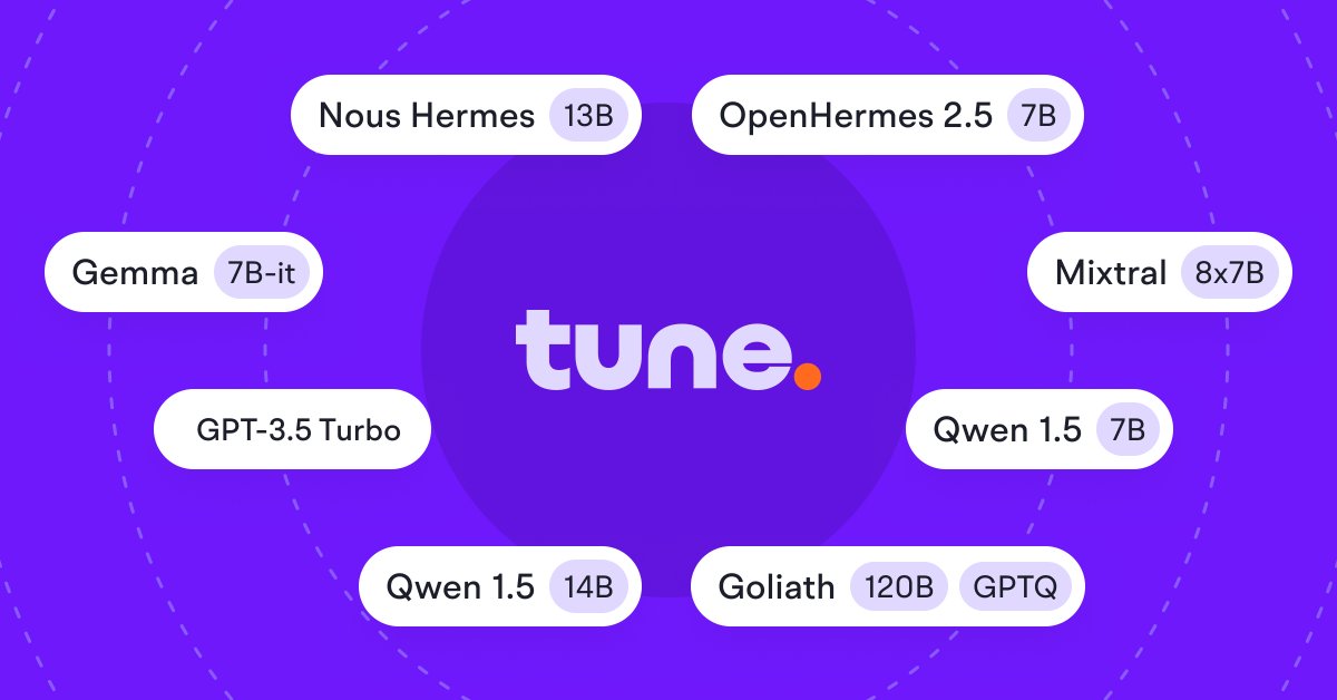 Tunehq_ai's tweet photo. Tune AI - Home for Open Source LLMs
- Chat with open-source LLMs
- Run LLMs with APIs
- Fine-tune and deploy gen AI models
All in one place 🟠
Slide into Tune AI - https://t.co/LOoECkVGfA
#tunechat #tunestudio #genai #llms https://t.co/Ue7D1DMiCE