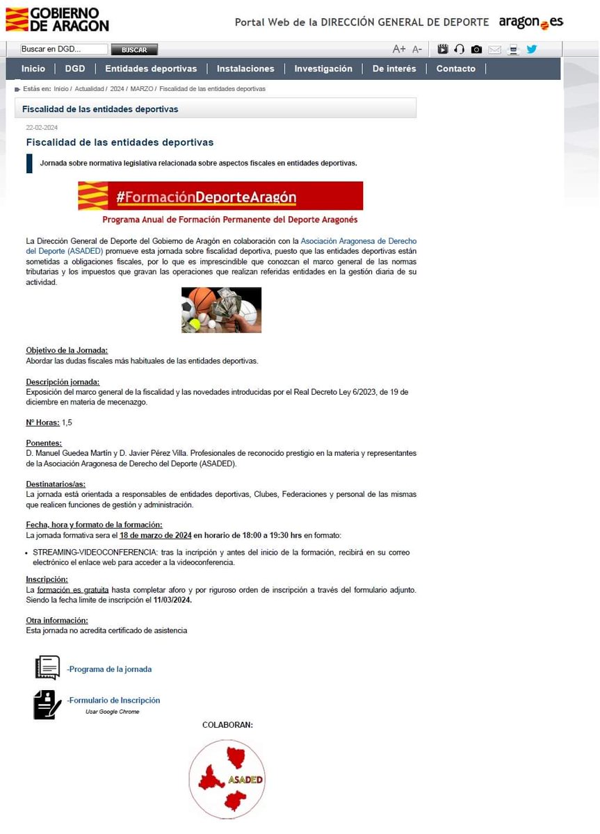 #FormaciónDeporteAragón: "Fiscalidad de las entidades deportivas" Jornada del <a href="/GobAragon/">Gobierno de Aragón</a>  en colaboración con la <a href="/ASADED_Aragon/">ASADED</a> en formato Videoconferencia el 18/03/2024 a las 18:00 hrs deporte.aragon.es/actualidad/202…