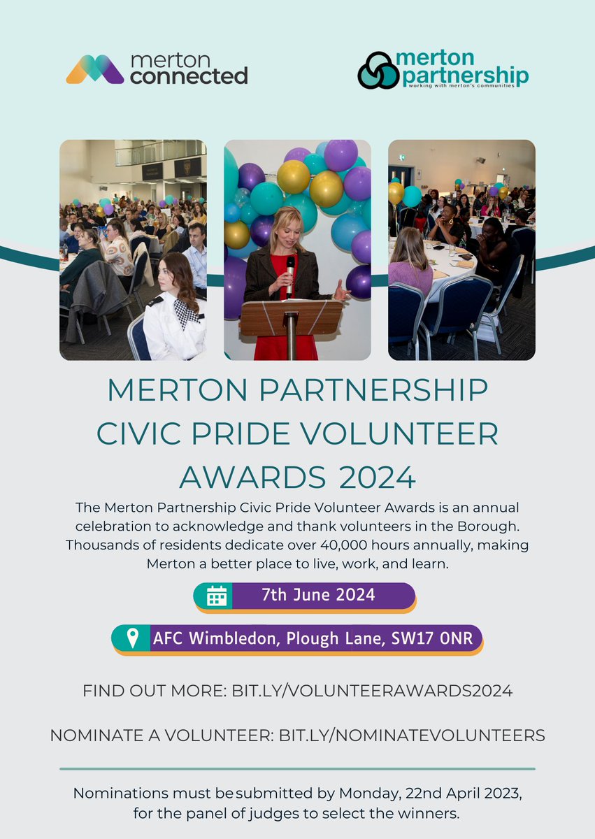 Nominations are open for the Merton Partnership Civic Pride Volunteer Awards 2024! Join us to recognise the dedication of Merton's unsung heroes across 10 categories. Learn more: bit.ly/volunteeraward… & nominate: bit.ly/nominatevolunt… before the 22nd April. See you there! 🏆