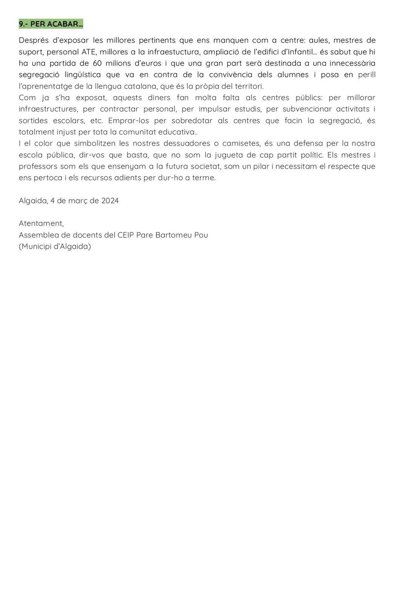 Els mestres llegeixen al  conseller d'Educació aquest escrit