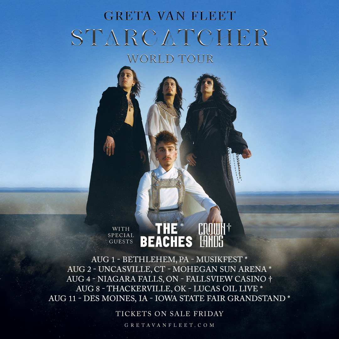 GretaVanFleet's tweet image. This past year has been an electrifying excursion of unforgettable nights and soaring spirits. Join us as we bring The Starcatcher World Tour through the US and Canada, one last time. Tickets available Friday at 10am local time: gvf.lnk.to/starcatchertou…

Electric Tomb and Peaceful…