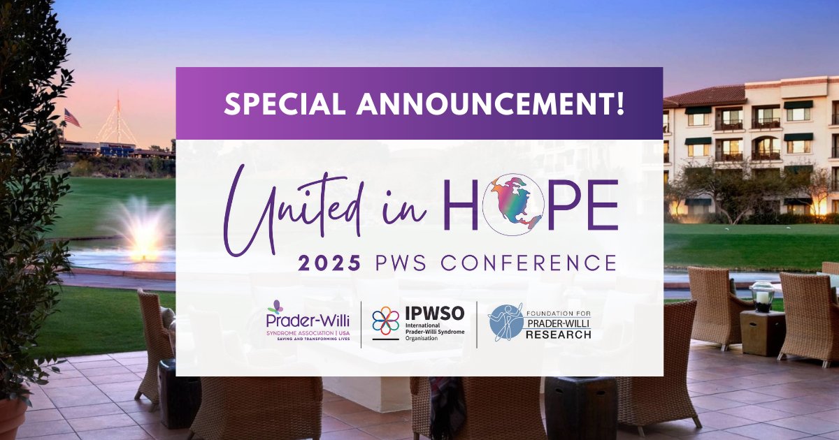 PWSA | USA is pleased to announce a new partnership with the The Foundation for Prader-Willi Research and the International Prader-Willi Syndrome Organisation to host United in Hope – an International PWS Conference in Phoenix, Arizona!

Learn more: pwsausa.org/2025-united-in…