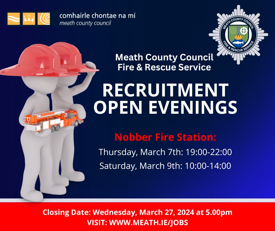 Would you be interested in joining our team of retained firefighters in Nobber and becoming an important part of the emergency services in your local community? If so, come along to one of our open evenings! To apply visit meath.ie/jobs.