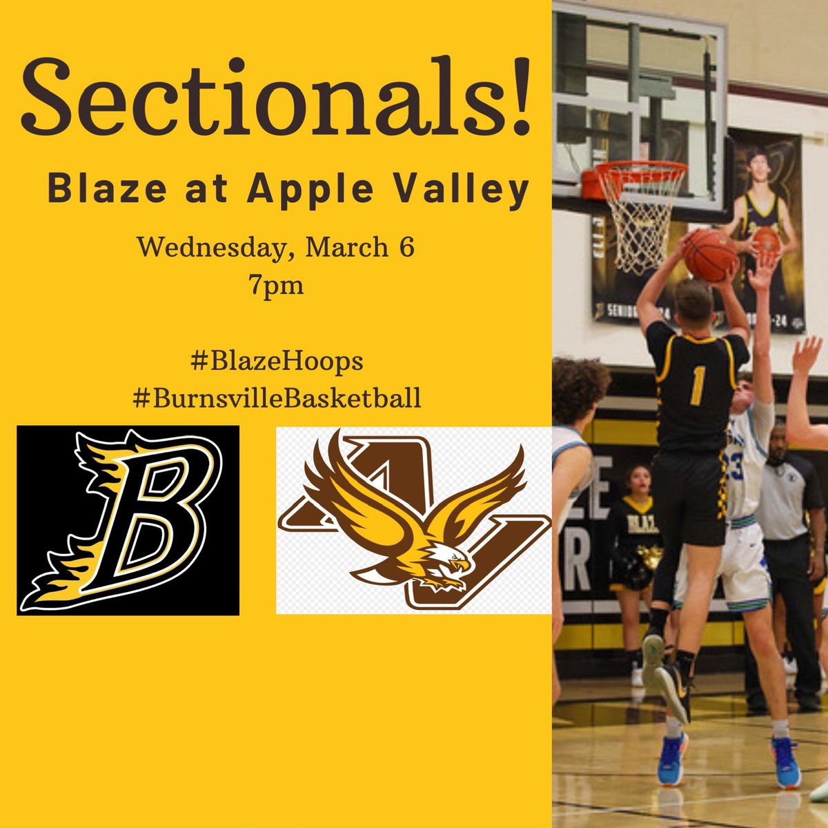 #BurnsvilleBasketball #Gameday! 

Sections are tonight! 

7pm at Apple Valley

Let’s pack the gym with Blaze fans! 

#BlazeHoops #BurnsvilleStrong

🏀🔥🏀🔥🏀🔥🏀