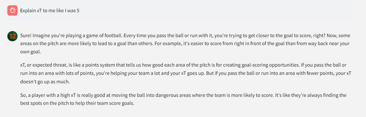 One of the main challenges I face when working with clubs is translating statistics into football terms. Sometimes it is good to humble yourself to get back to the basics, and that is where #TwelveGPT is of great use. (Exaggerating the prompt can be a part of that).