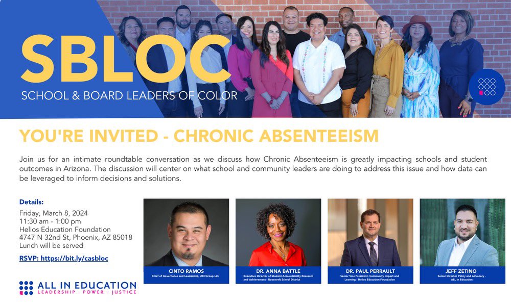 See you Friday in Arizona for the next round of School &amp; Board Leaders of Color (SBLOC) as we unpack Chronic Absenteeism #AsiDerechito #ALLinEducation